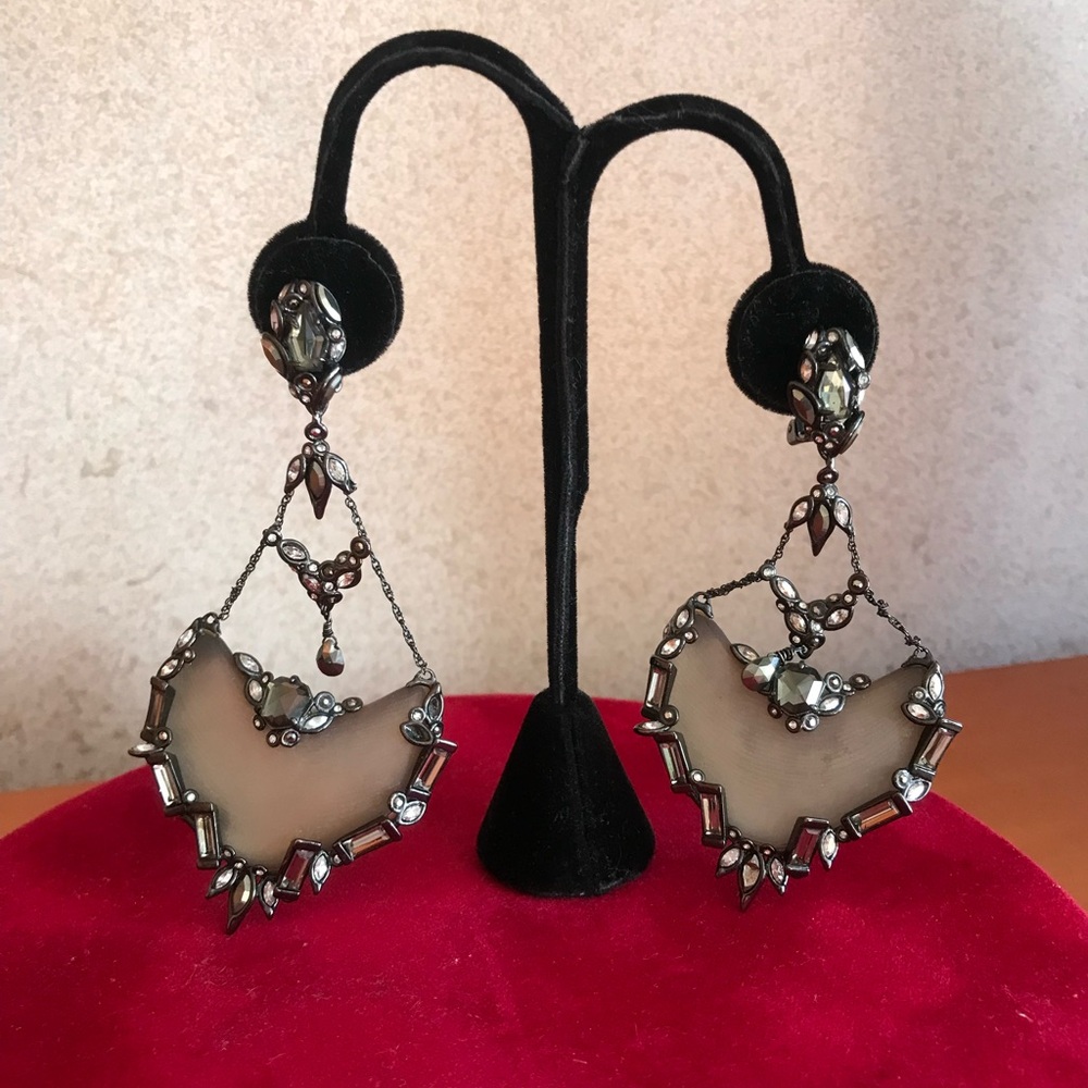 Alexis Bittar Taupe Lucite Clip On Chandelier Earrings with crystals. - Picture 1 of 9